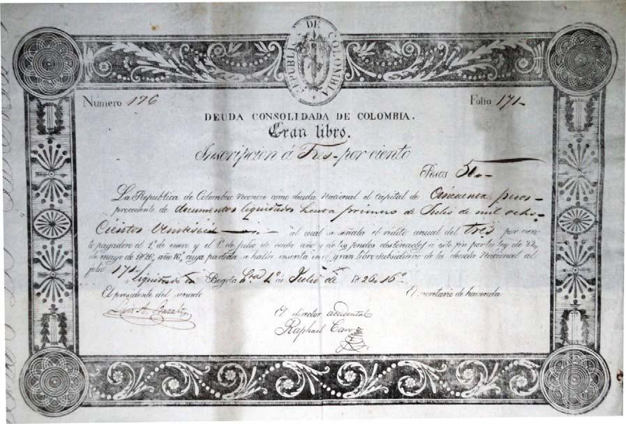 Documento deuda consolidada de Colombia, 1826 Emisiones Monetarias de Guerra en Colombia Undécima Parte Banco de Santander (Bucaramanga) Igual a como sucedió en el resto del país, durante la guerra