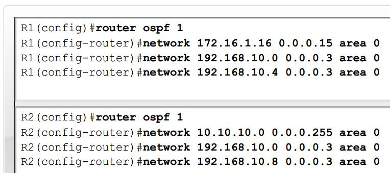 CONFIGURACIÓN BÁSICA DE OSPF El comando network de OSPF - Se deben especificar: La dirección de red La máscara wildcard: El inverso de la máscara de subred La ID del área: se refiere