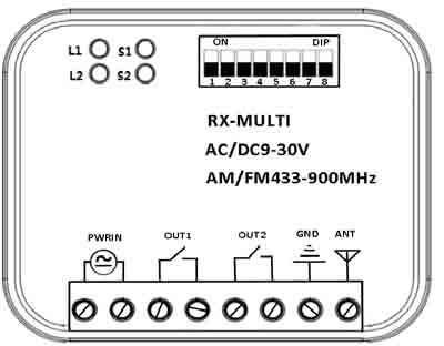 1. Esquema RX Multi RX MULTI MANUAL RX MULTI 433 A 868 2. Selector de marca Con el selector de 8 DIPs, el usuario puede realizar diferentes combinaciones para las diferentes marcas de mandos.