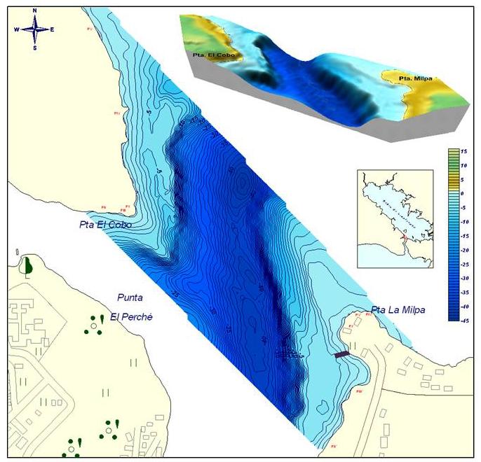 Figura 4 Batimetría realizada en la zona del cruce submarino del oleoducto que muestra la morfología del fondo marino en el área de estudio.