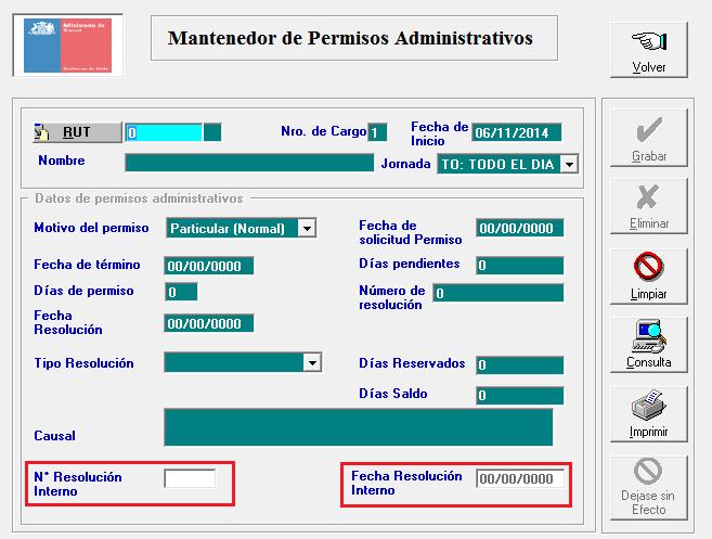 Formulario del Mantenedor de Permisos Administrativos.