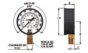 Manómetros, manovacuómetros y vacuómetros Manómetros, manovacuómetros y vacuómetros Alcance de medición de presión Vacuómetros Dimensiones generales para manómetros de, -/ y 3 / Rango de presión cmhg
