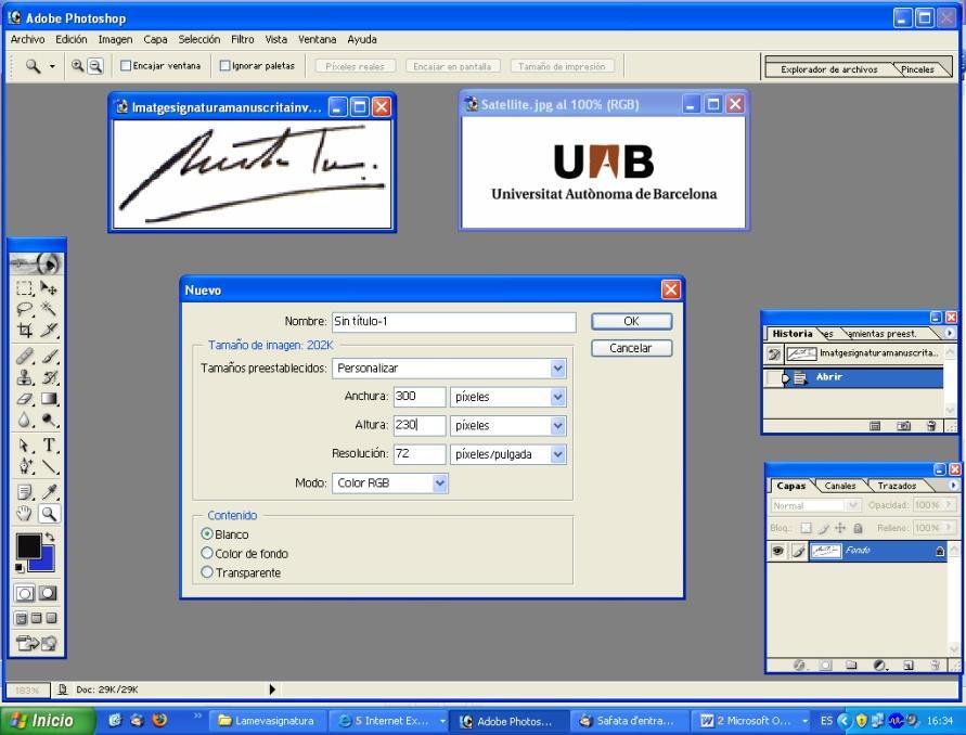 fa amb Photoshop. Obriu les dues imatges anteriors amb el Photoshop (Imatge digital de la signatura manuscrita i logotip de la UAB) i seleccioneu Archivo nuevo.