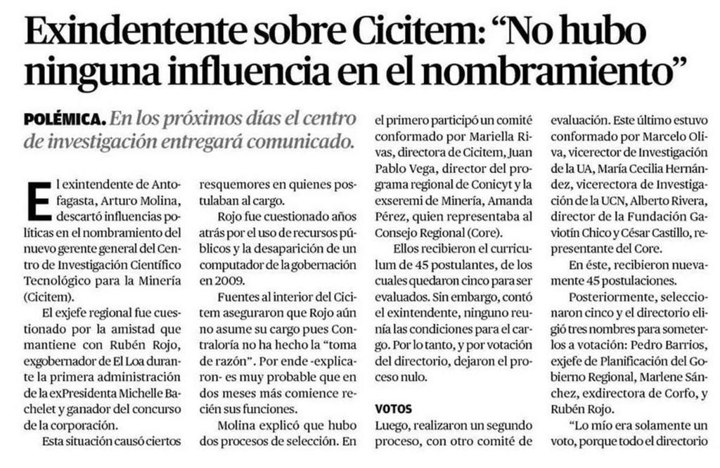El Mercurio de (Antofagasta - Chile) 5 9 Exindentente sobre Cicitem: