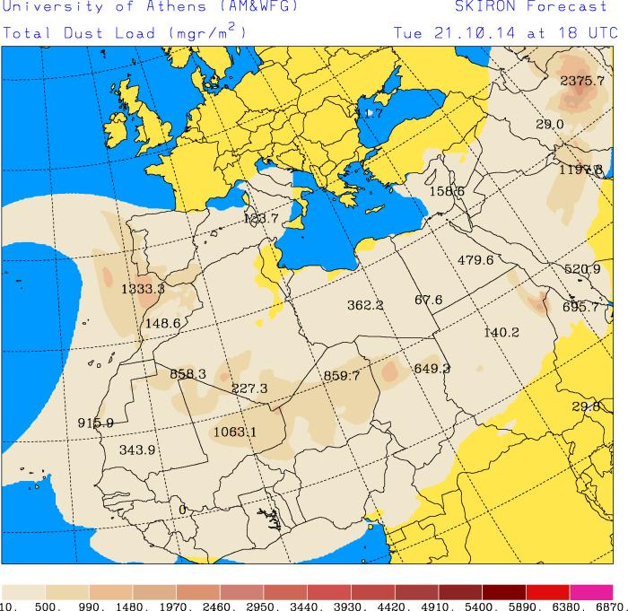 El modelo Skiron indica que toda España se verá afectada por polvo en suspensión durante el día 21 de octubre de 2014.