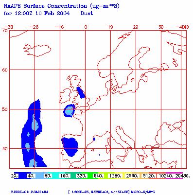 10 de Febrero de 2004 Concentración de polvo en superficie (µgr/m^3) predicha por el modelo ICoD/DREAM para el día 10 de Febrero de 2004 a las 12 z.