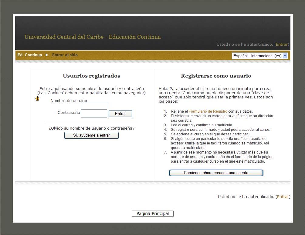 2. Pantalla de Entrada al sitio Web de Educación Continua - Los usuarios registrados sólo tienen que ingresar su nombre de usuario y