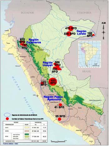 - Sierra existen 1 716 SFV (39,04%). - Selva existen 2 644 SFV (60,16%). Son administrados en cuatro (4) regiones: - Región Loreto, con 1 100 SFV. - Región Cajamarca, con 1 550 SFV.