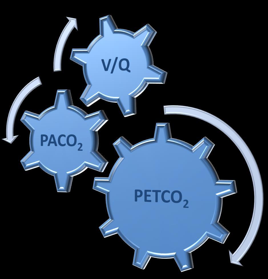 CAPNOGRAFIA V/Q Normal PETCO 2 = PaCO 2 Gradiente PaCO 2 PETCO 2 < 5 mmhg PETCO 2 puede ser sustituto de la PaCO 2 V/Q ALTO (ESPACIO MUERTO) PETCO