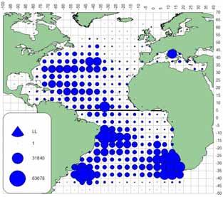 4.1 Geographical distribution of albacore catches (ALB, Thunnus alalunga) Distribution géographique des captures de germon (ALB,Thunnus alalunga) Distribución geográfica de las capturas de atún