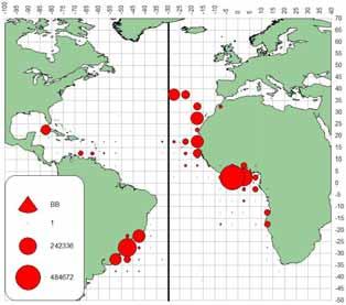 4.4 Geographical distribution of skipjack catches (SKJ, Katsuwonus pelamis) Distribution géographique des captures de listao (SKJ, Katsuwonus pelamis) Distribution geográfica de las capturas de