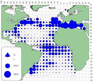 4.9 Geographical distribution of swordfish catch (SWO, Xiphias gladius) Distribution géographique des captures d'espadon (SWO, Xiphias gladius) Distribución geográfica de las capturas de pez espada