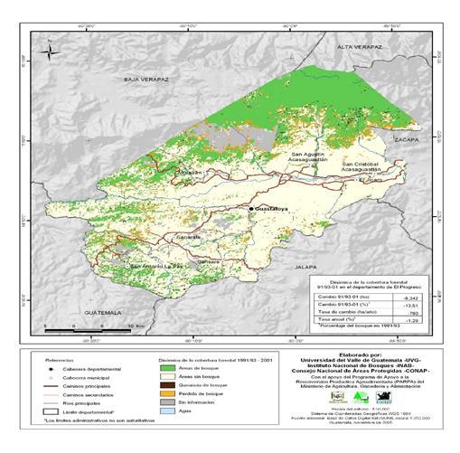 Figura 4. Mapa de cobertura forestal El Progreso 2006-2010 Fuente: SIFGUA En el 2006 Zacapa contaba con 59,787 ha de bosque que constituyen el 22% de la superficie total del departamento.