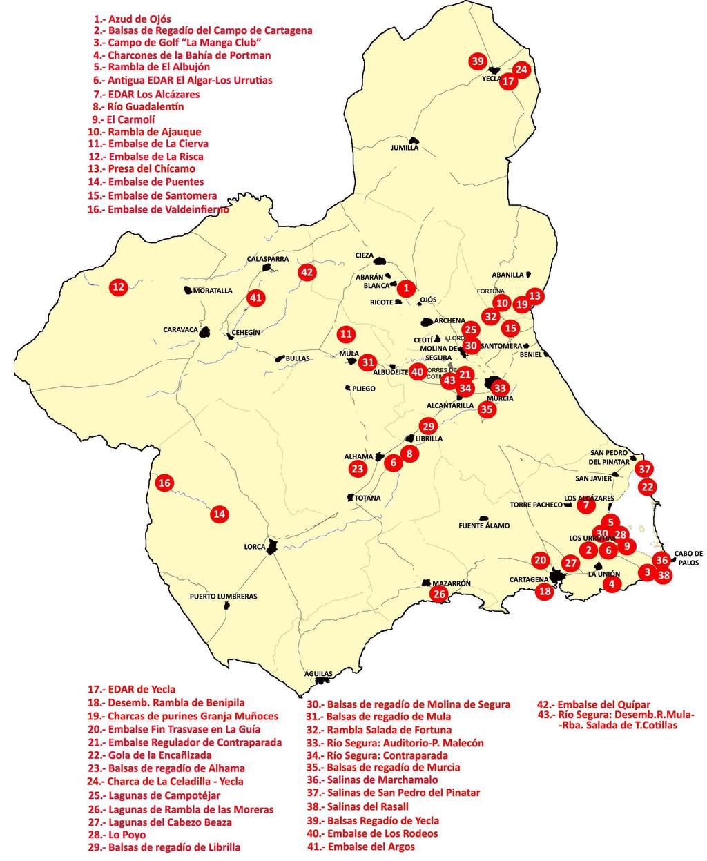 5. 2. RESULTADOS POR HUMEDAL Censo Invernal de Aves Acuáticas de la Región de Murcia - 2014 Gráfico 7: Localización de los Humedales censados en la Región de Murcia en el año 2014.