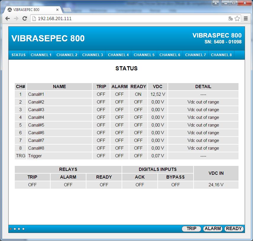 También puede verificar la comunicación con Vibraspec direccionándolo desde el explorador de Internet para ver las páginas web de Vibraspec El valor VDC de 12.