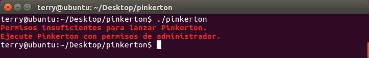 Imagen7: Ejecución de Pinkerton sin privilegios de Administrador (root) Al ejecutarse, se instalan los archivos necesarios en el directorio /root/pinkerton.