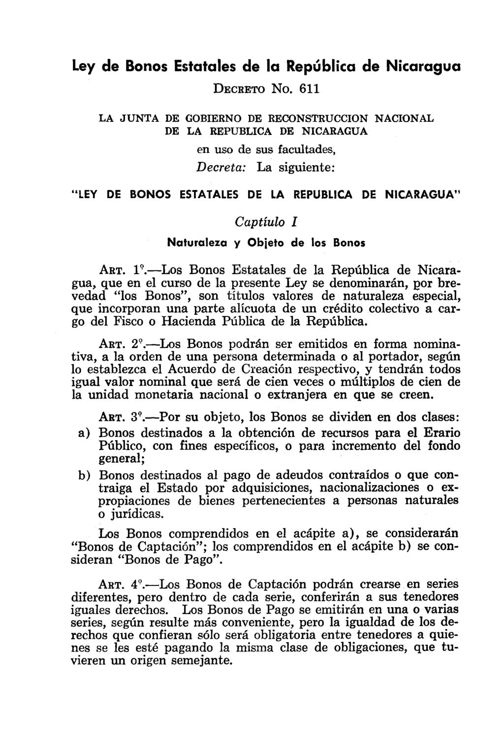 Ley de Bonos Estatales de la República de Nicaragua DECRETO No.