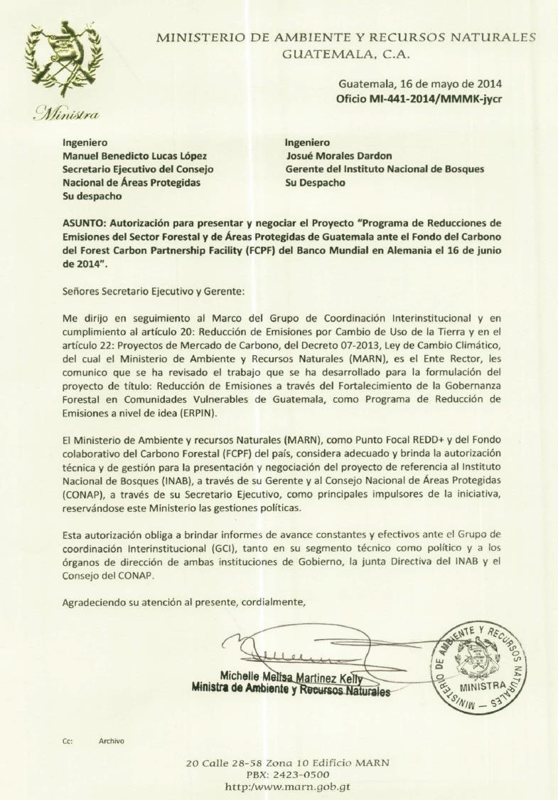 Convenio de Cooperación Técnica Interinstitucional (GCI) Guatemala ER-PIN Compromiso Político Ministerio de Ambiente y Recursos Naturales MARN-, Ministerio de Agricultura, Ganadería y Alimentación