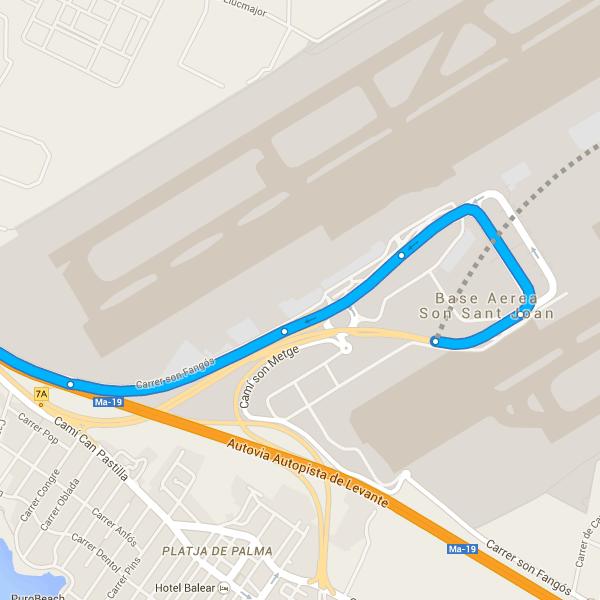 23/2/2015 Aeroport de Palma a Sant Joan, Illes Balears: Google Maps 2,5 km/3 min 1. Direcció est cap a Disseminat Aeropuerto son Sant Jo 350 m 2.