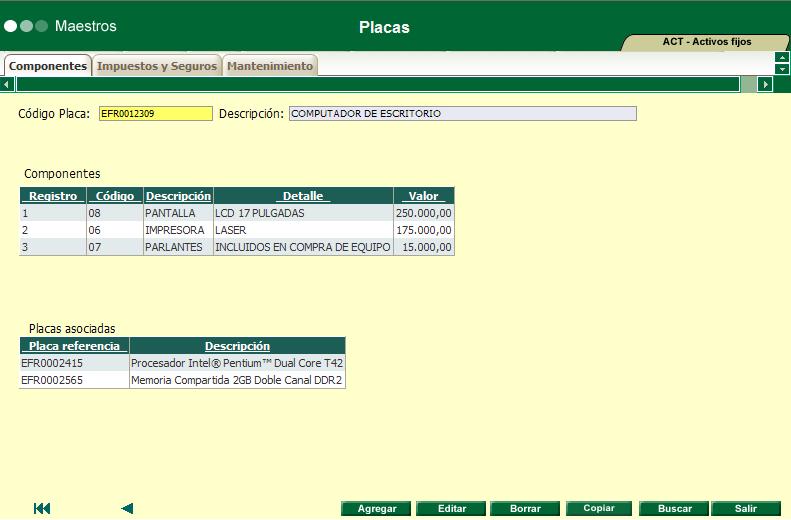 En esta página se ingresan los componentes del activo que visualiza en pantalla y se pueden consultar las placas asociadas al registro.