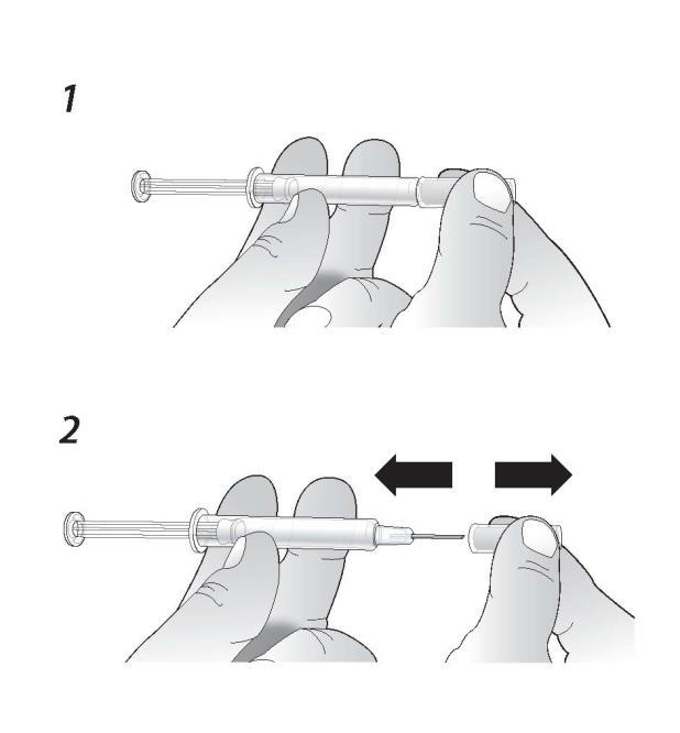 Para evitar que la aguja se doble, tire suavemente del capuchón de la aguja sin torcerla, tal y como se muestra en las figuras 1 y 2. NO toque la aguja ni presione el émbolo. 3.