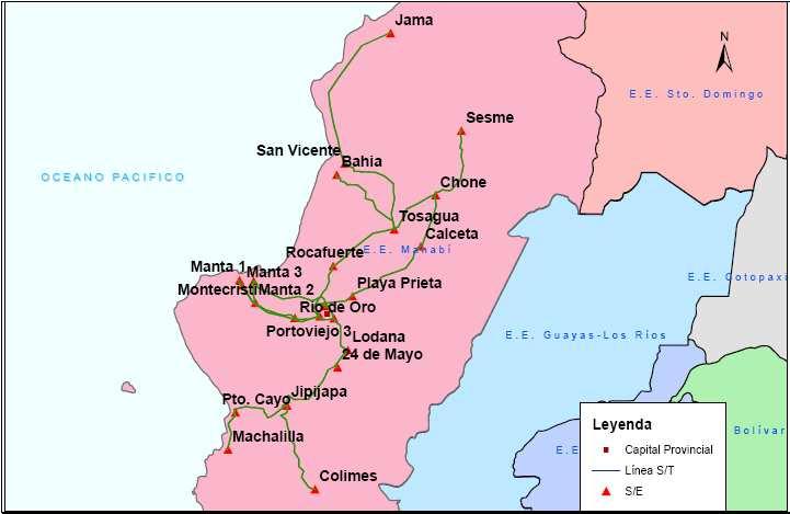 106 3.1.12.1 Cobertura El área de concesión E.E. Manabí, cubre alrededor del 6,6% del territorio ecuatoriano, y corresponde a 16.865 km2. Comprende la provincia de Manabí. Figura 3-12.