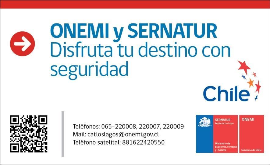 Tarjeta de contacto SERNATUR - ONEMI Escanea el código QR con tu smartphone e infórmate rápidamente cómo actuar en caso de emergencia 1.