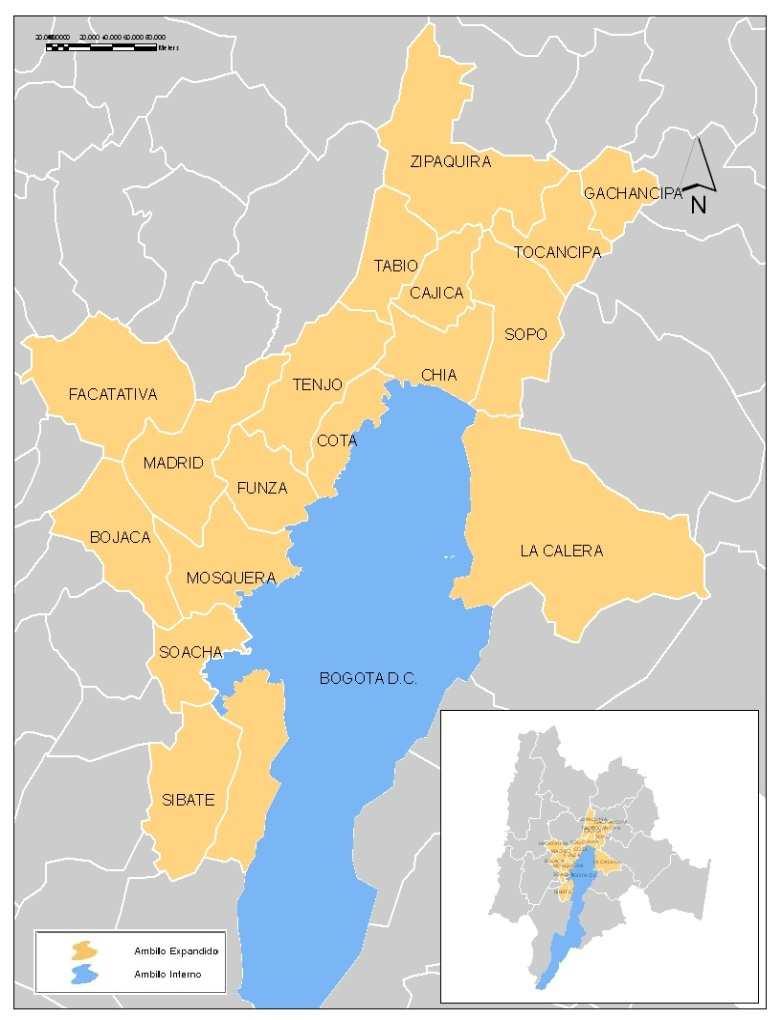 Ámbito de estudio y zonificación El ámbito del estudio es el utilizado en el PMM 2005 particularizado, quedando el territorio analizado dividido en dos partes: Ámbito Interior: Soacha y Bogotá D.C.