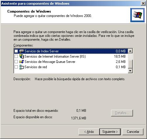 La tercera opción es Agregar o quitar componentes de Windows. Es utilizada para instalar los servicios de IIS, servicios de red, entre otros.