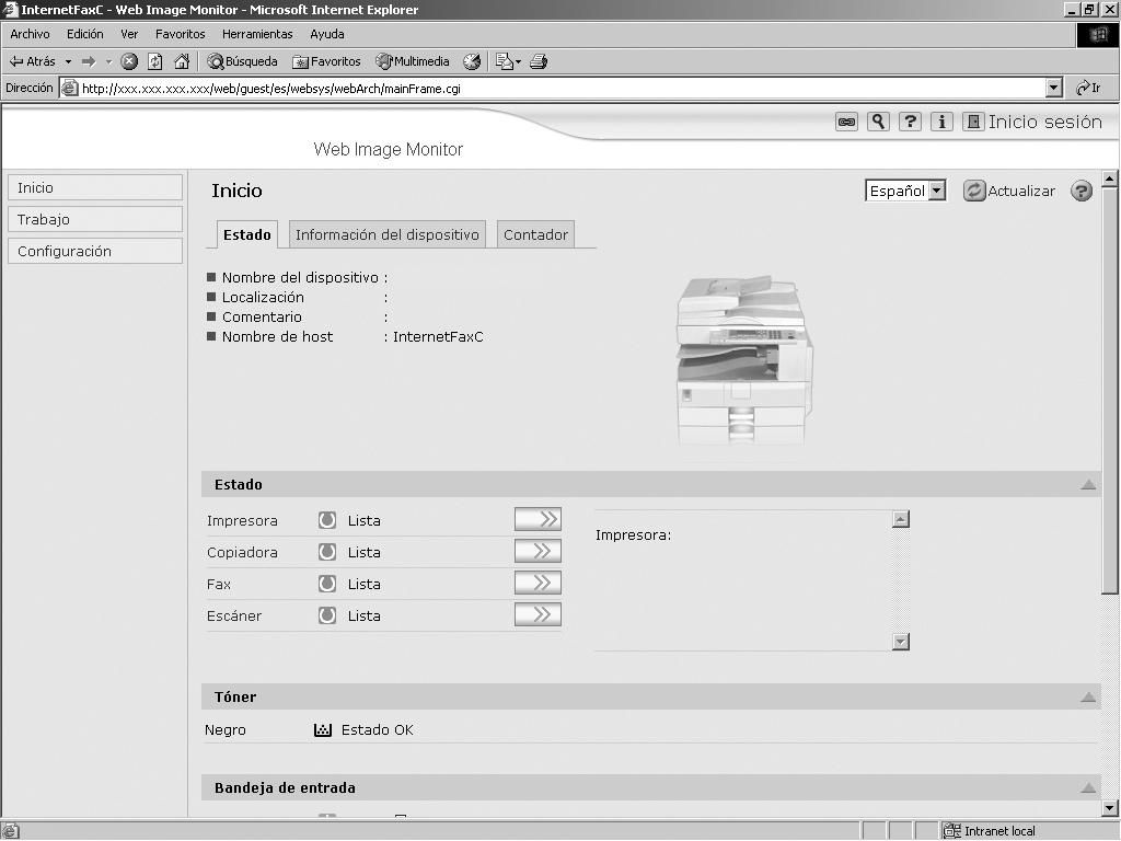 Registro de direcciones y usuarios para las funciones de fax/escáner Uso de Web Image Monitor En esta sección se describe cómo acceder a Web Image Monitor.