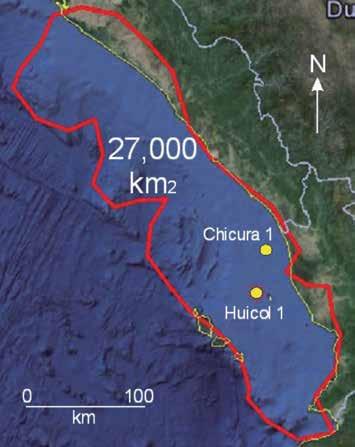 Exploración petrolera en áreas frontera del occidente de México, p.p.350-360 Figura 8. Localización de pozos en la Cuenca Nayarit con superficie de 27,000 km 2 en tierra y mar.