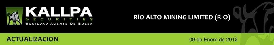 Rio Alto Mining Limited (BVL:RIO) Valor fund. equity (US$ millones) Valor fund. acción (US$) Potencial apreciación Precio de mercado (US$) Acciones en Circ. (millones) Cap.