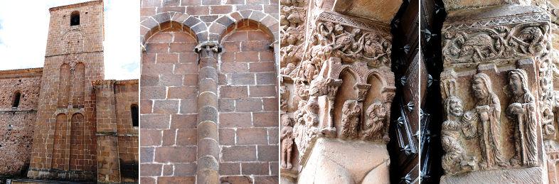 ❶ Torre de planta cuadrada del S. XII ❷ Parteluz de los arcos con capitel con volutas. ❸ _. ❹ Ménsulas de la portada.