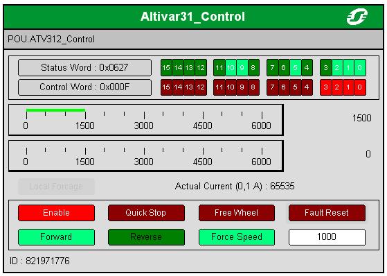 4. Pantallas de Visualización. Con la plantilla del bloque ATV31_Control, disponemos de la información principal en un único frame.