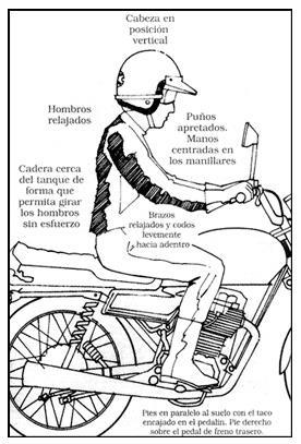 Técnicas de conducción segura Postura La posición sobre la motocicleta debe ser lo más natural posible, sin forzar una postura determinada El peso