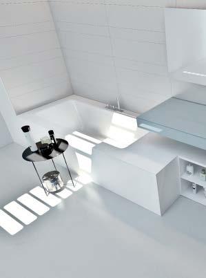 / 262 Composizione vasca-lavabo con piano lavabo Flat in vetro azzurro cenere e lavabo in acciaio inox finitura satinata.