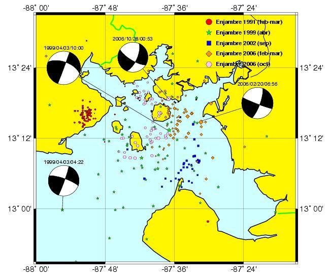 Figura 6: Enjambres sísmicos en la zona del golfo de Fonseca ocurridos en febreromarzo/1991, abril/1999, septiembre/2002, febrero/2006 y octubre noviembre/2006.