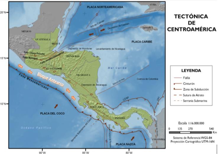 Tectónica de Centroamérica b) Movimiento del bloque antearco (figura 16) en dirección noroeste (paralelo a la subducción), generador de sismos corticales o superficiales (< 30 km).