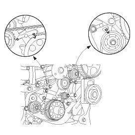 Ajustar el pistón No. 1 en el TDC. (Imagen 1). 2. Alinear las marcas de sincronización de las poleas dentadas de los ejes balanceadores con las marcas situadas en el bloque de cilindros. (Imagen 2) 3.