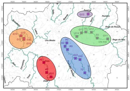 Figura 1. Mapa de la cuenca del Ulla que indica la localización de los tramos analizados genéticamente. Los colores de cada subcuenca se corresponden con los de la Tabla1.