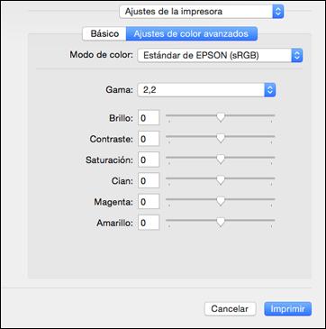 Ajustes de color avanzados - Mac Cuando hace clic en la ficha Ajustes de color avanzados, verá una de las siguientes pantallas según el Modo de impresión seleccionado.