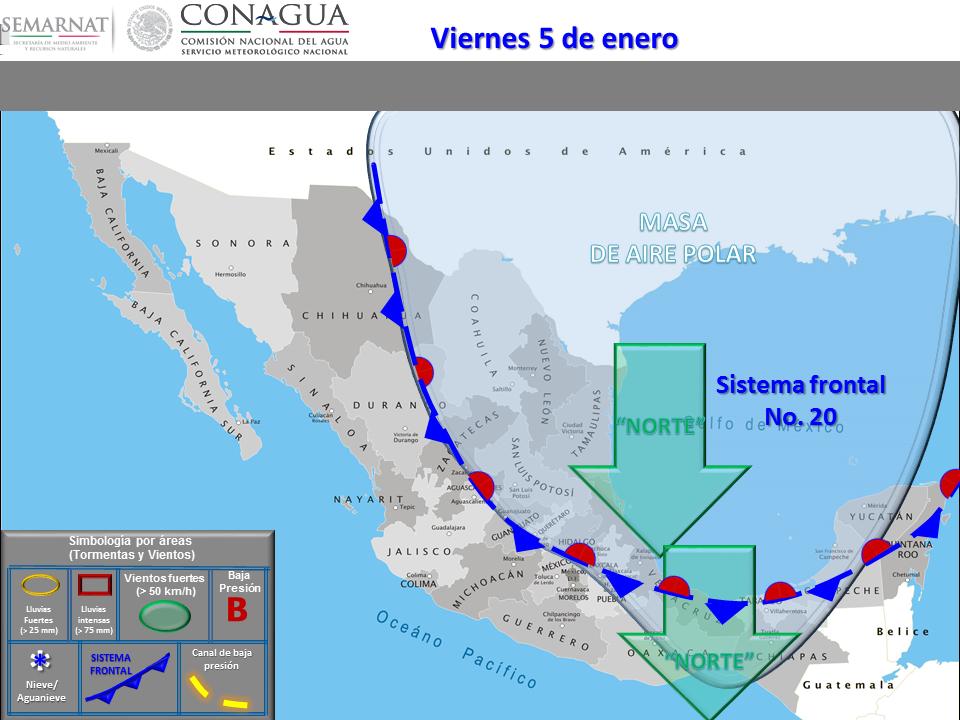 Lluvias dispersas (0.1 a 5 mm): Tamaulipas, San Luis Potosí e Hidalgo. Jueves 4 de enero: Lluvia persistente con acumulados fuertes (25 a 50 mm): Veracruz, Oaxaca, Chiapas y Tabasco.