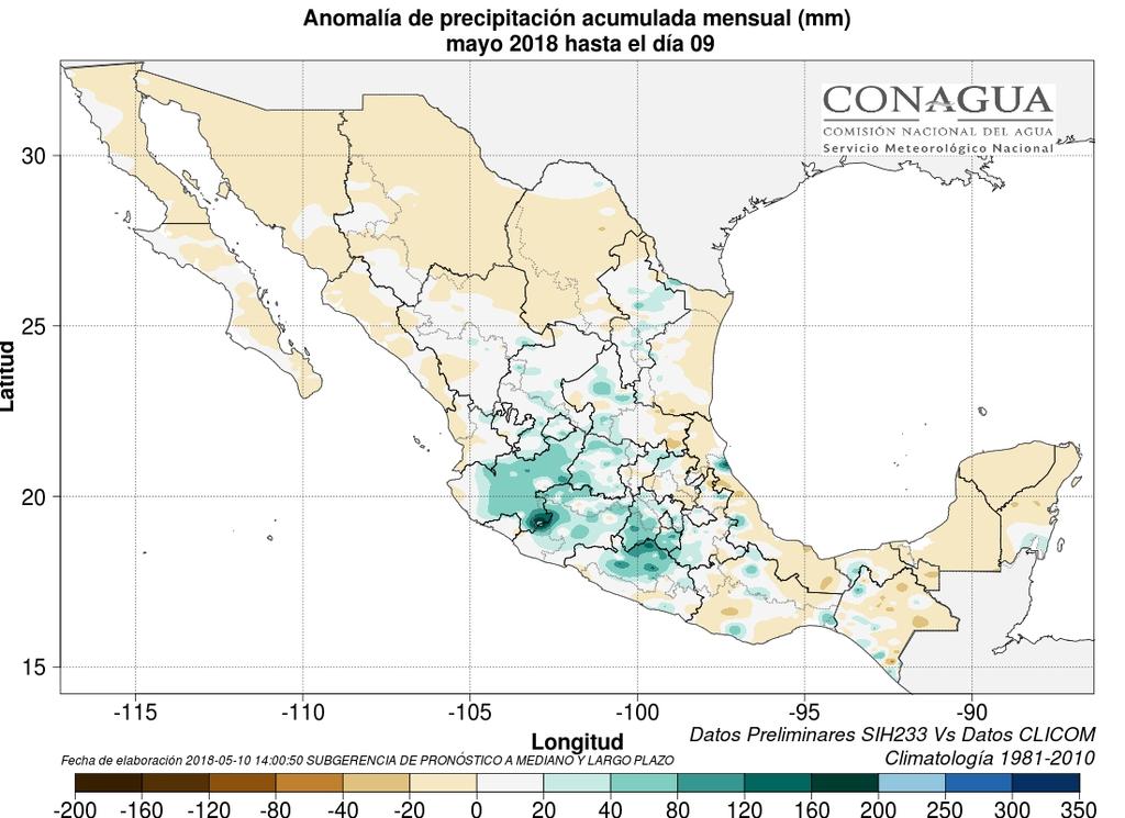 Precipitación y su anomalía registrada acumulada en lo que va del año 2018 en mm TEMPERATURAS: ANÁLISIS Y PRONÓSTICO (mapas de modelos numéricos) (por localidad) T. Máx. en C: 45.5 en Chinipas, Chih.