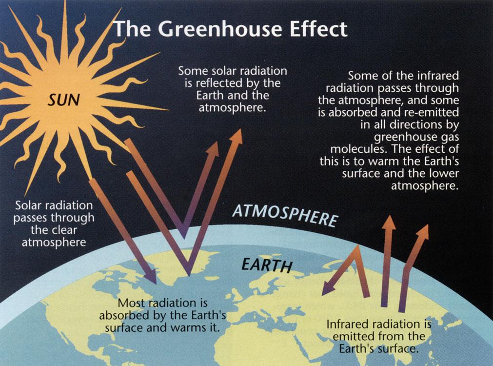 Cambio Climático El efecto invernadero SOL Radiación solar que atraviesa la atmósfera despejada Fuente: OSTP La mayor parte de la radiación es absorbida por la superficie terrestre calentándola.