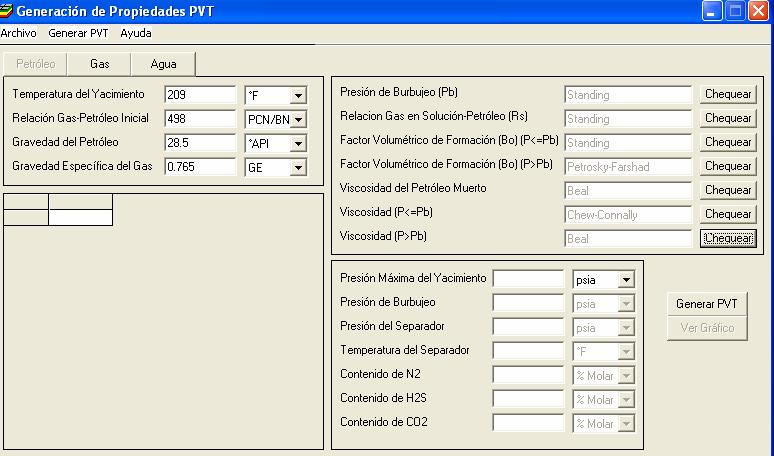 la pantalla para la introducción de los datos necesarios para generar las propiedades PVT del fluido seleccionado, cómo se muestra en la Figura 4.4, y el menú Ayuda ofrece información acerca de SYEP.