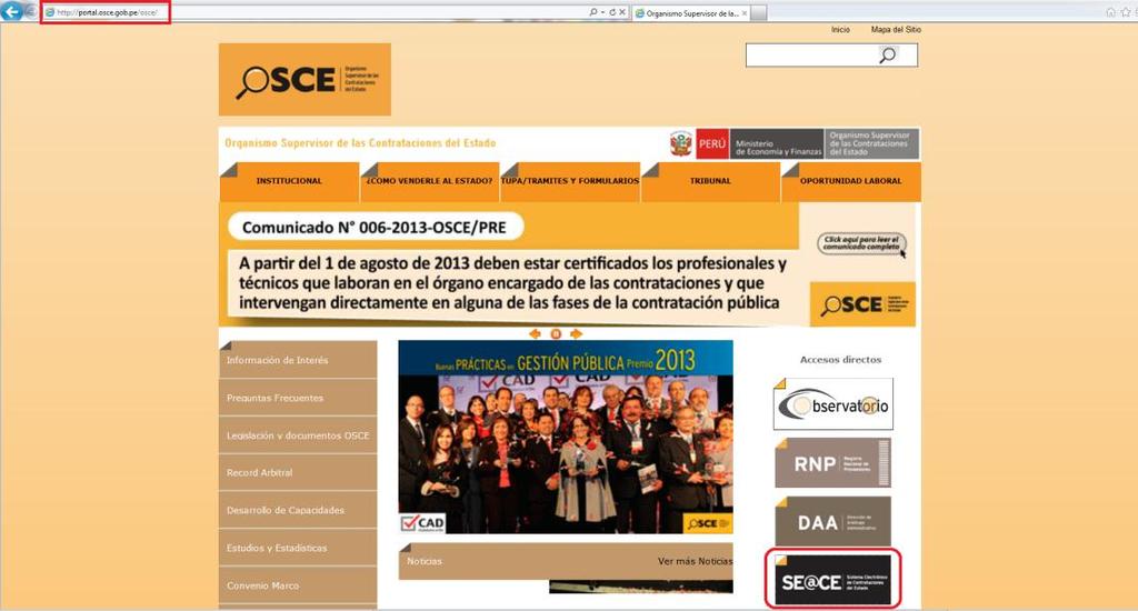 - 1 Página de acceso al sistema Alternativamente, puede ingresar a la página web del OSCE para acceder al sistema, tal como se muestra a