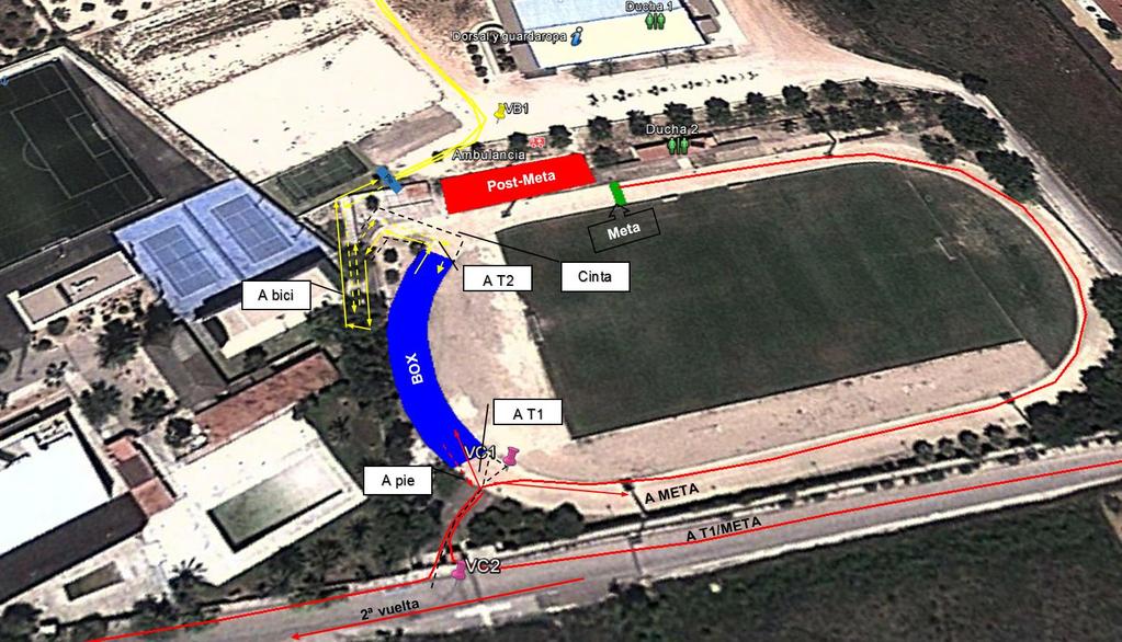 Polideportivo. La zona de salida y entrada a la pista de atletismo se balizará con conos y vallas para separar las entradas a Box y a Meta.