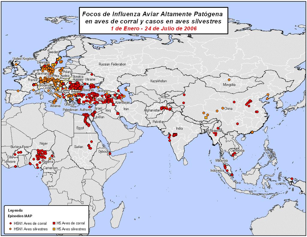 Figura 1 Focos de influenza aviar altamente patógena confirmados en 2006. Fuente: http://www.fao.org/ag/againfo/programmes/en/empres/maps.