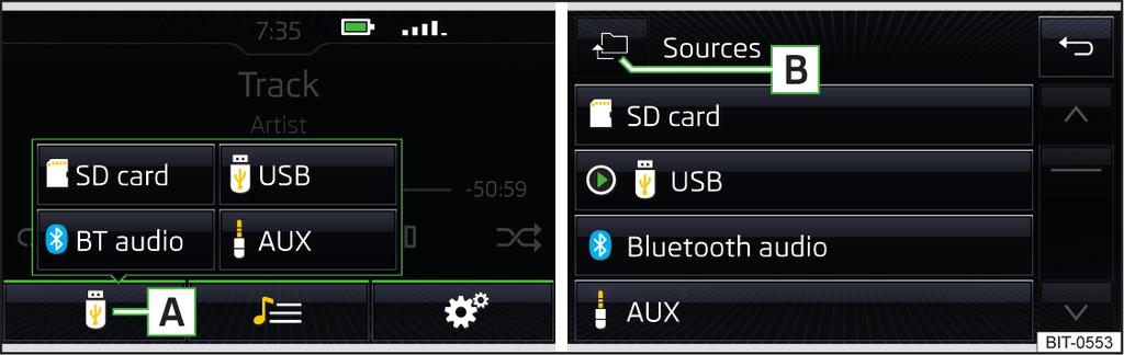 Seleccionar fuente de audio Fig. 8 Selección de la fuente de audio En el menú principal Media pulsar la superficie funcional A» fig. 8 y seleccionar la fuente de audio deseada.