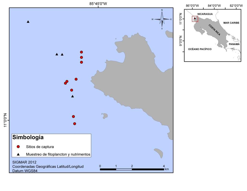 Figura 1. Ubicación de los sitios de muestreo, para los datos de captura, fitoplancton y nutrimentos, Bahía Salinas, Guanacaste. 3. Muestreo e identificación de especies de fitoplancton 3.